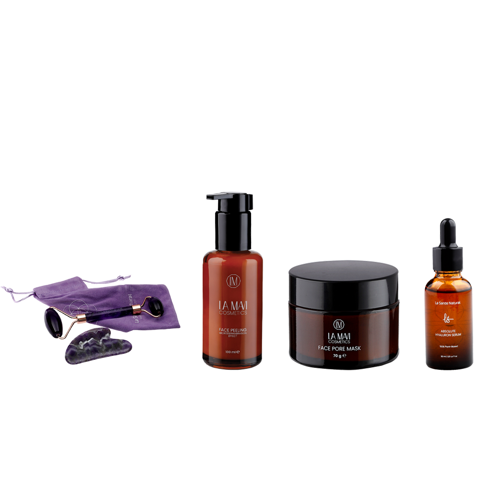 Face Peeling 400ml Microdermabrasion Effect + Face Pore Mask 70g + La Santé Absolut Hyaluronserum+Guasha Amethyst Stein Roller A+++ | 100% Natur-Amethyst